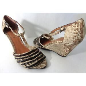 BACIO 61 Cadorago 7.5M Tan Taupe Snake Leather Bronze Chain Wedge Sandals Shoes